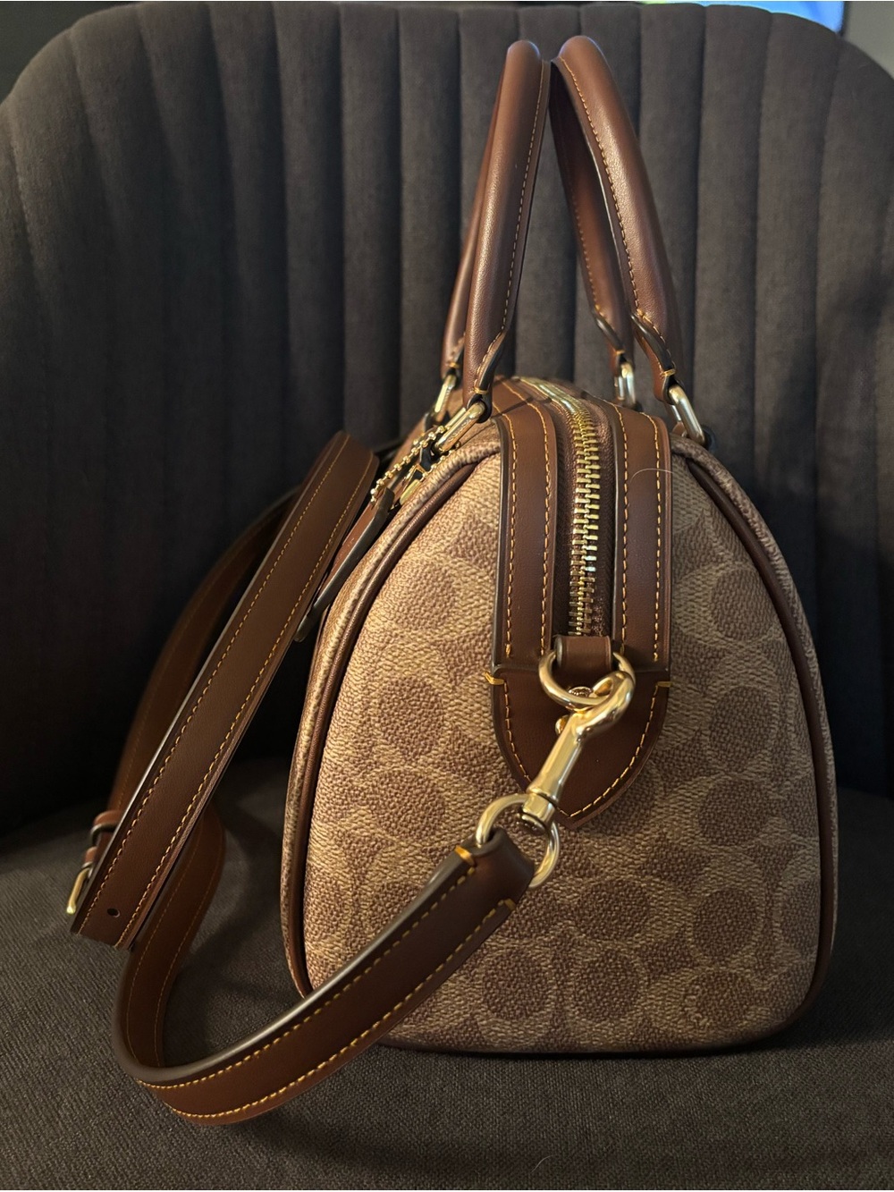 Coach Rowan Satchel in Brown/Tan Signature Canvas (Medium Size) - Picture 5 of 6